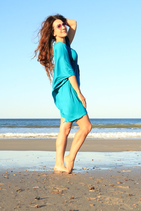 F4763 Blue Drawstring Bat Sleeve V Neck Casual Beach Dress Cover Up